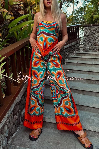 Style Unique Print Tube Top and Elastic Waist Pocket Wide Leg Pants Set