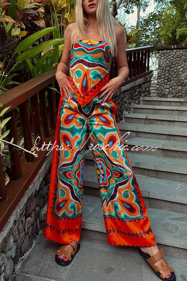 Style Unique Print Tube Top and Elastic Waist Pocket Wide Leg Pants Set