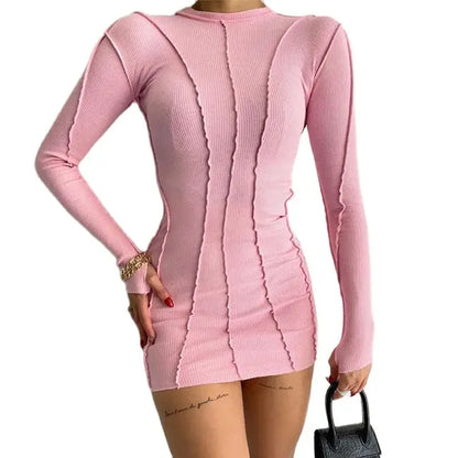 Screw Thread Mini Dress for Spring Ribbed Long Sleeve Bodycon Dresses Pink Streerwear Elastic Vestidos
