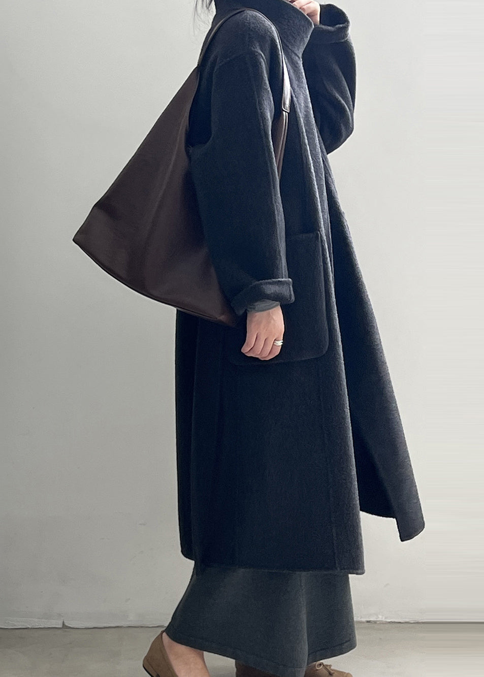 Italian Grey Stand Collar Pockets Tie Waist Woolen Coat Fall Af1099