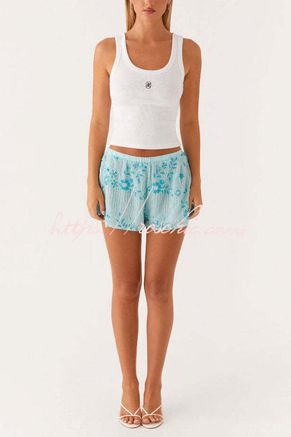 Dazzling Sequin Beaded Material Low Rise Elastic Waist Loose Shorts