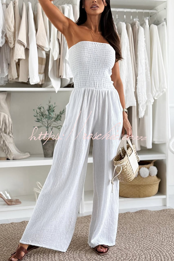 Linen Blend Color Off-the-shoulder Pleated Pocket Wide-leg Jumpsuit