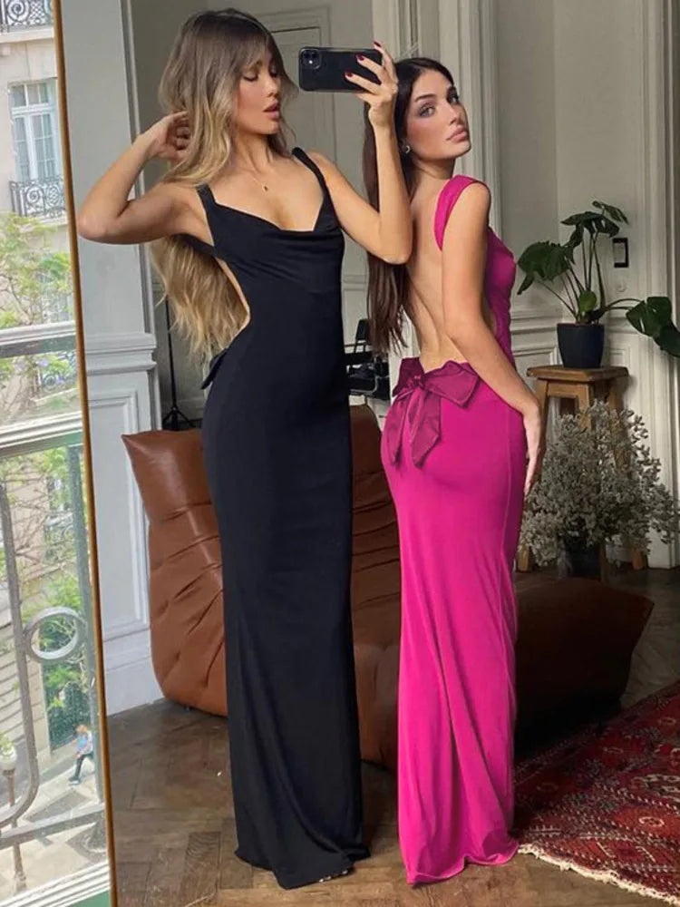 Bow Backless Bodycon Maxi Dress for V Neck Sleeveless Backless Club Party Long Dress New