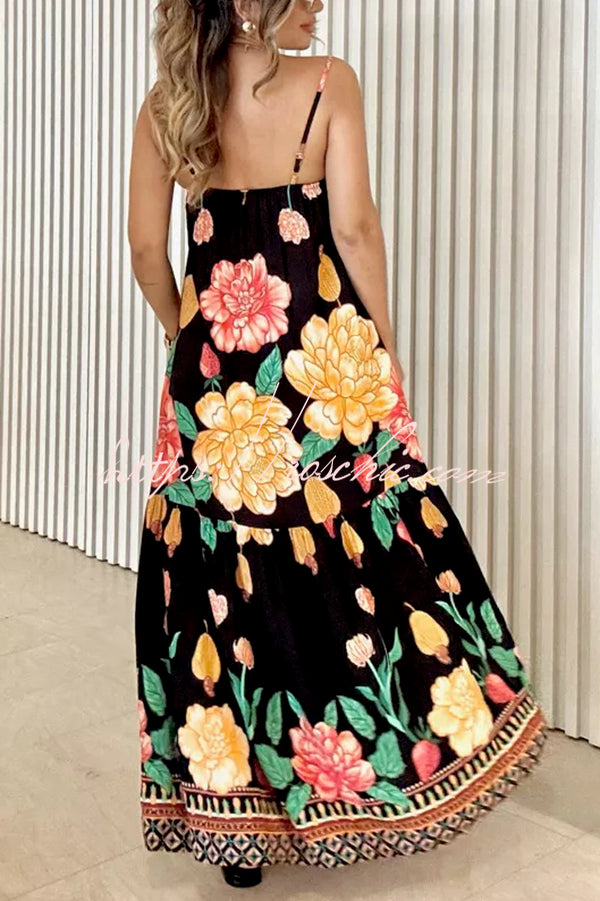 Print Halter Back Loose Pocket Full Hem Maxi Dress