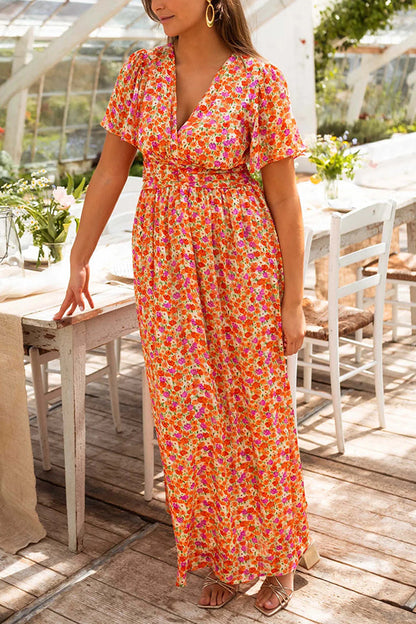 Print V-neck Short Sleeve Waist Maxi Dress