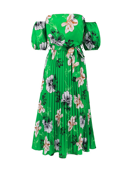 A-line Loose Elasticity Flower Print Pleated Split-joint Tied Waist Off-the-shoulder Maxi Dresses