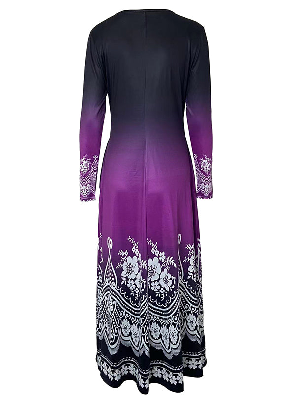 Long Sleeves Contrast Color Printed Round-neck Maxi Dresses