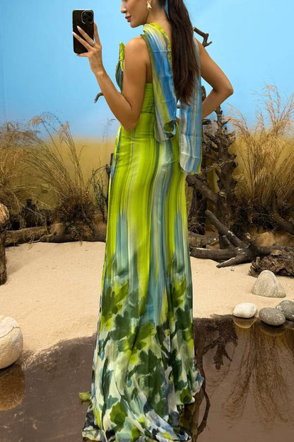 In a Dreamland Chiffon Print Off Shoulder Pleated Scarf Slit Maxi Dress