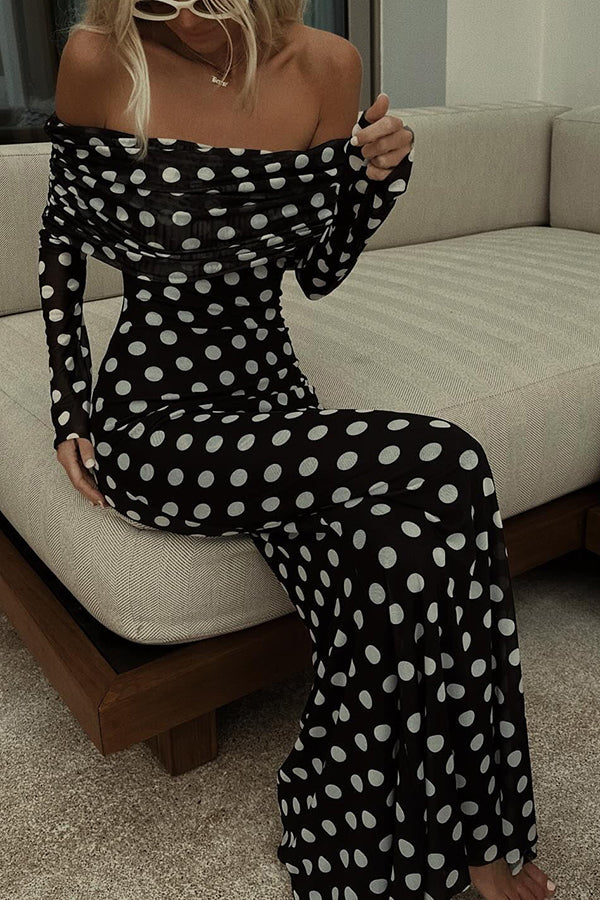 Statement Polka Dot Print Off Shoulder Ruched Stretch Maxi Dress