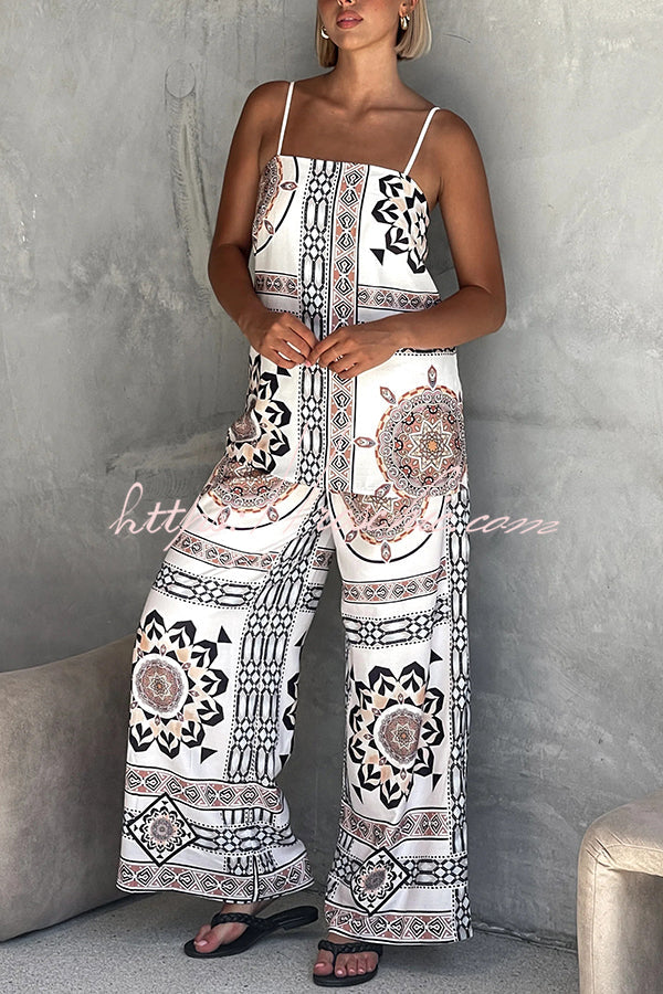 Unique Print Loose Tank Top and Elastic Waist Wide Leg Straight Pants Set