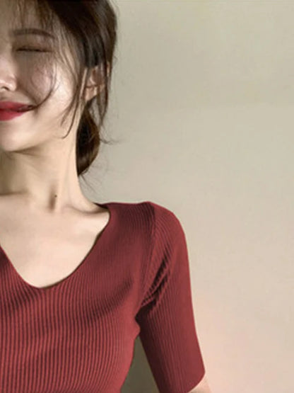Tee Tops for V-neck Short Sleeve T-shirt Woman Slim Color T Shirts