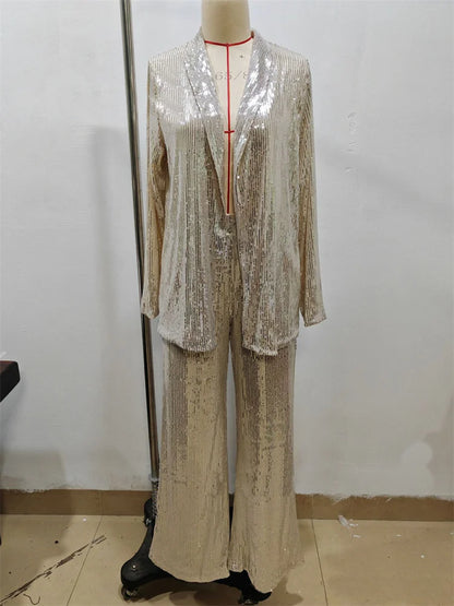 Sequin 2 Piece-set Straight Leg Slim Glitter Patchwork Suit Outwear and Pants Sets