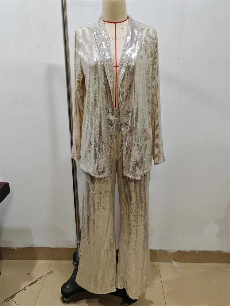 Sequin 2 Piece-set Straight Leg Slim Glitter Patchwork Suit Outwear and Pants Sets