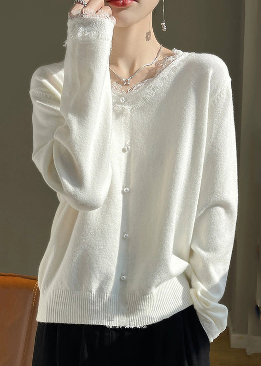French White O-neck Lace Patchwork Cotton Knit Sweater Fall Qp047