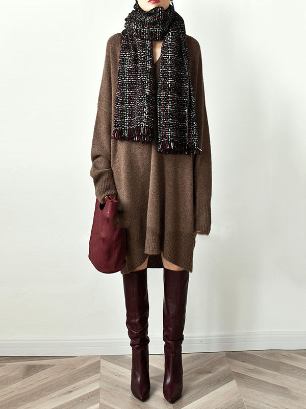 Stylish Loose Camel V-neck Long Sleeve Sweater Dress Qx006