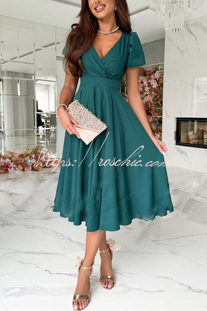 Zayla Color Puff Sleeve V-neck Waist Slim Fit Midi Dress