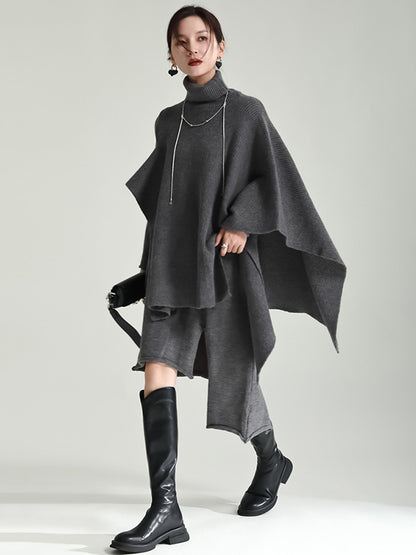 Long Sleeves Loose Color High-neck Shawl&sweater Dresses Two Pieces Set