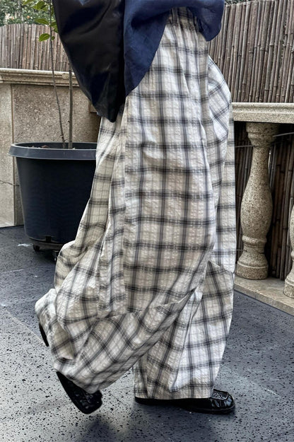 Plaid Ruched Wide Leg Pants