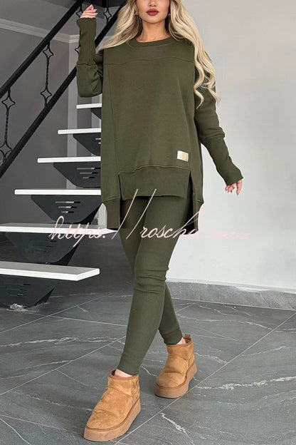 Color Crew Neck Long Sleeve Top and Stretch Pants Set