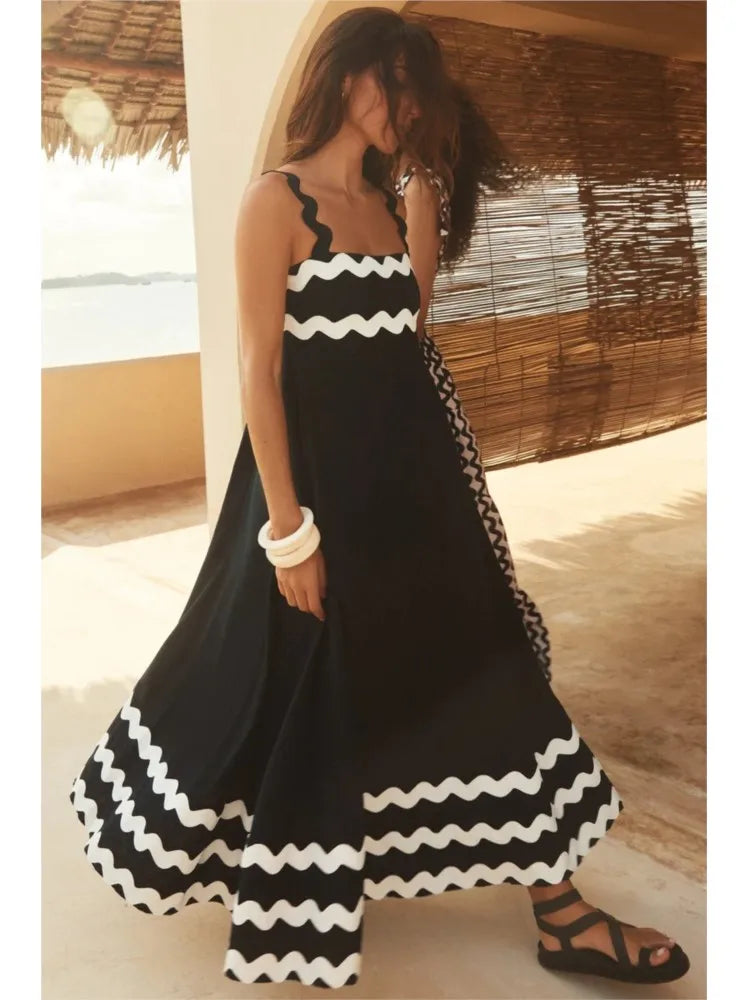 Summer Printed A-line Long Dress Backless Holiday Beach Spaghetti Strap Dresses for Maxi Vestidos Para Mujer