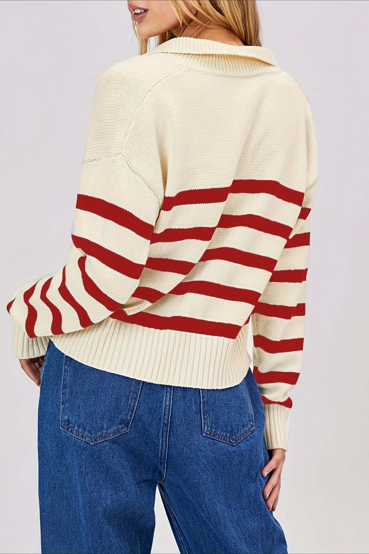 Striped Wool Collar V-neck Sweater