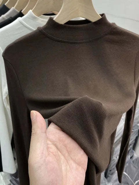 Basic Pure Cotton White T-shirt for Slim Top ’s Half Turtleneck Long Sleeve T-shirts