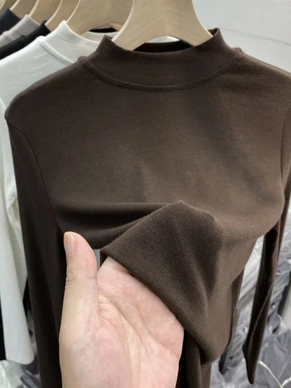 Basic Pure Cotton White T-shirt for Slim Top ’s Half Turtleneck Long Sleeve T-shirts