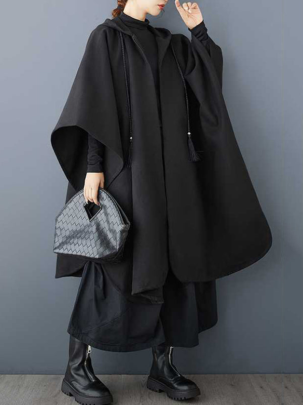 Stylish Black Hooded Drawstring Tasseled Pockets Zip-up Batwing Sleeve Trench Coat Tw007