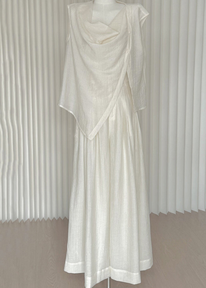 New White Asymmetrical Shirts and Wide Leg Pants Cotton Two Pieces Set Summer Ee020