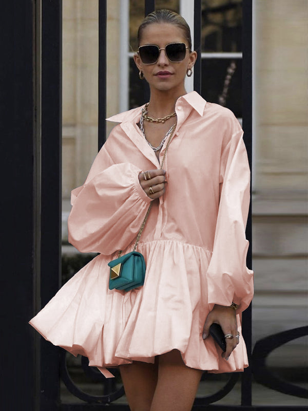 Urban Puff Sleeves Buttoned Split-joint Color Lapel Mini Dresses Shirt Dress
