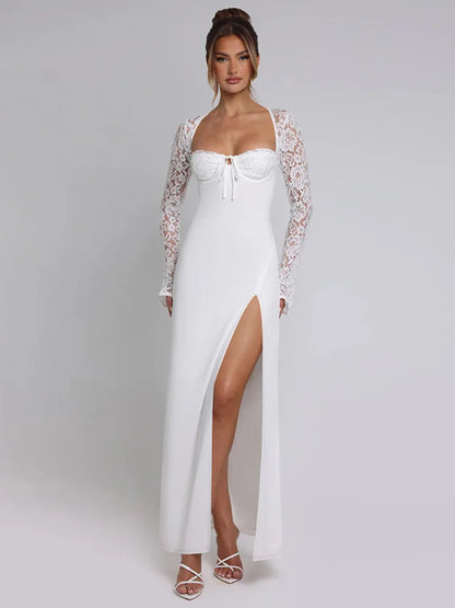 Lace Long Sleeve Maxi Dress Autumn New Square Collar Backless Lace-up High Split Club Party Long Dress