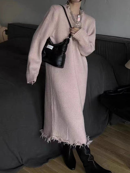High Waisted Long Sleeves Fringed Color Round-neck Midi Dresses Sweater Dresses