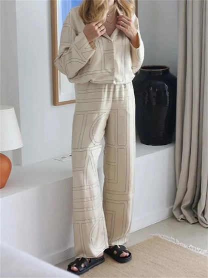 Patchwork Printed 2 Piece-set for Trousers Lapel Shirts Nightwear Slim High Waist ’s Pants Sets