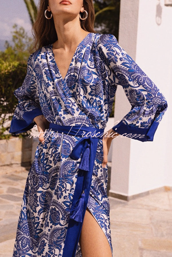 Greek Island Satin Unique Print Tassel Belted Wrap Maxi Dress