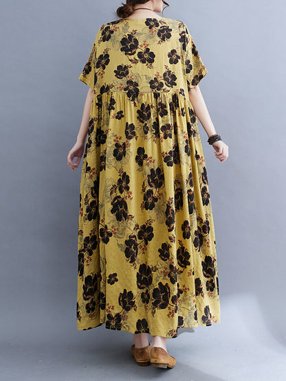 Loose Short Sleeves Pleated Printed Split-joint Round-neck Midi Dresses