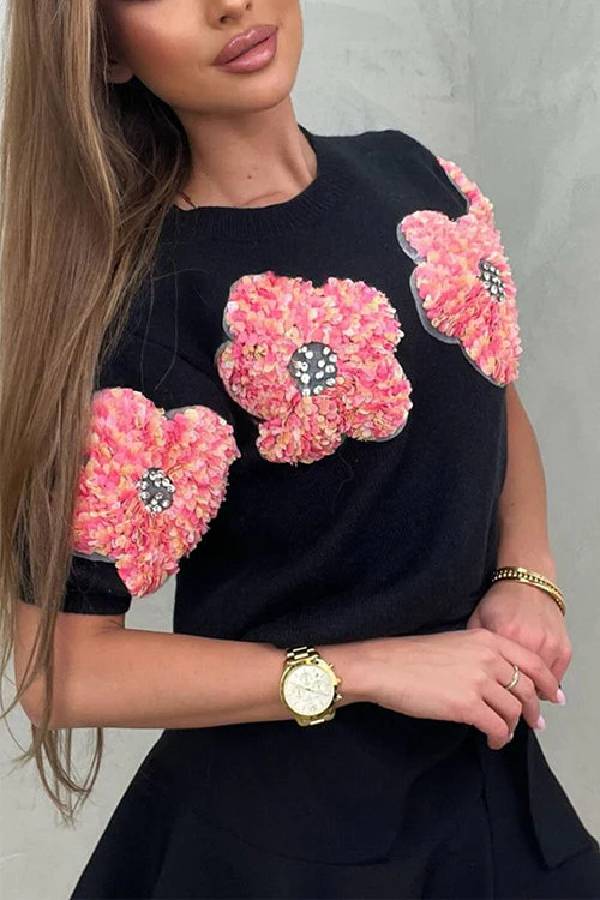 Crewneck Short Sleeves 3d Flower Sweater Top
