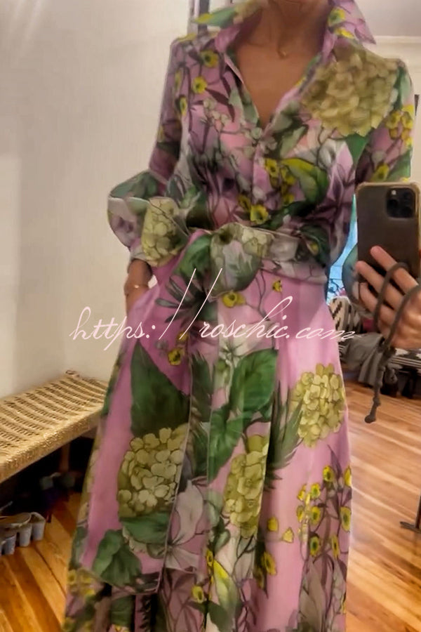 Seeds of Happiness Tulle Print Balloon Sleeve Belt Blouse
