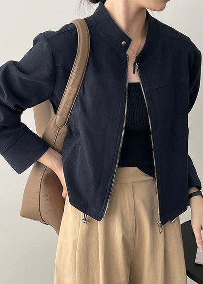 Navy Short Coat Outwear Zip Up Stand Collar Drawstring Fall Wd007