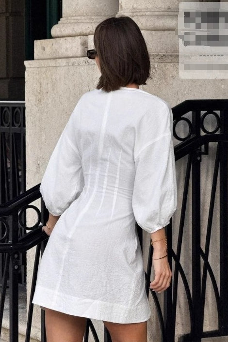 V-neck 3/4 Sleeve Waist Mini Dress