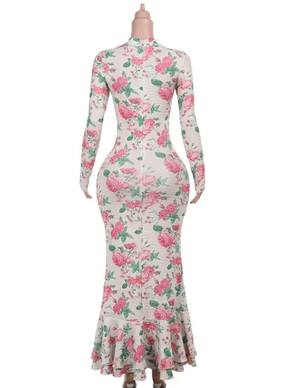 Bodycon Long Sleeve Half High Collar Print Zipper Maxi Dress Slim High Waist Dress Outfits