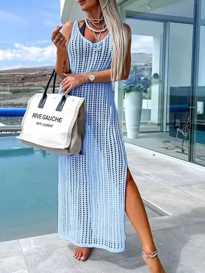 Deserted Island Crochet Knit Cross Back Cover Up Maxi Dress