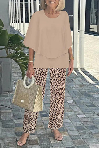 Round Neck Half Sleeve Loose Top and Elastic Waist Straight Pants Set