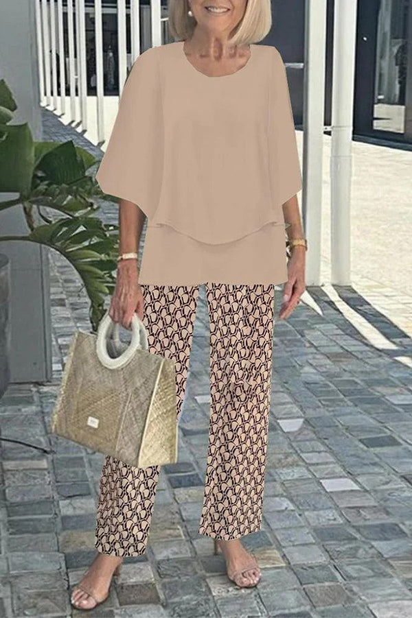 Round Neck Half Sleeve Loose Top and Elastic Waist Straight Pants Set