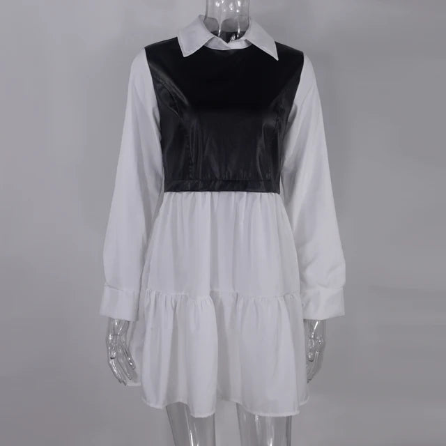 Plaid Shirt Vestidos Long Sleeve White Short Dress for Summer Pu Leather Patchwork Sweet Office Mini Dresses