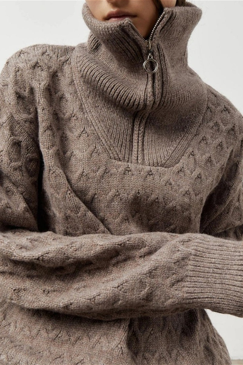 Chunky Knit High Neck Zip Up Sweater