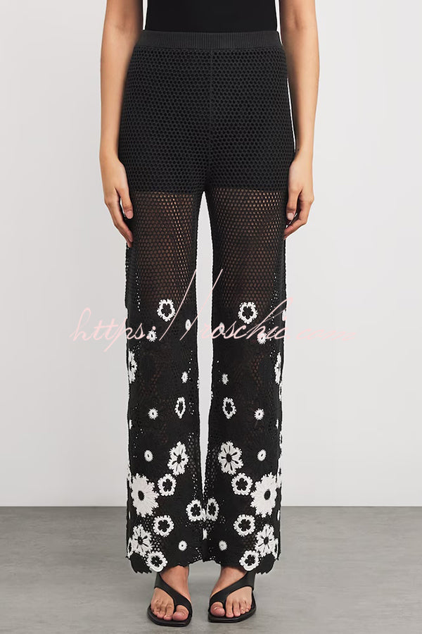 Embroidered Hollow Hook Elastic Waist Wide-leg Pants