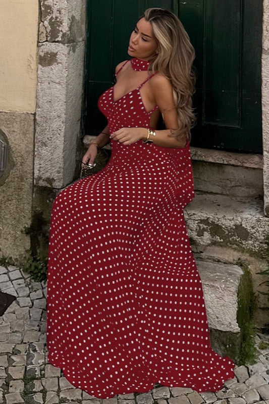 Polka Dot V-neck Backless Cami Maxi Dress