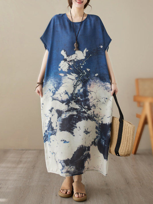 Loose Short Sleeves Printed Round-neck Maxi Dresses