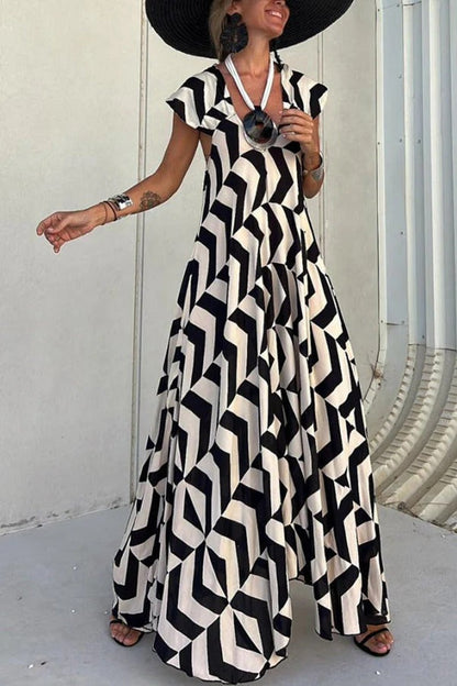 Fresh Breeze Unique Print Ruffle Sleeve A-line Maxi Dress