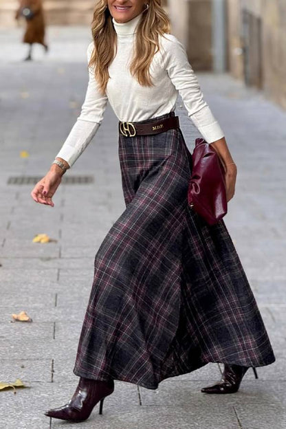 Retro Style Wide Hem Plaid Skirt